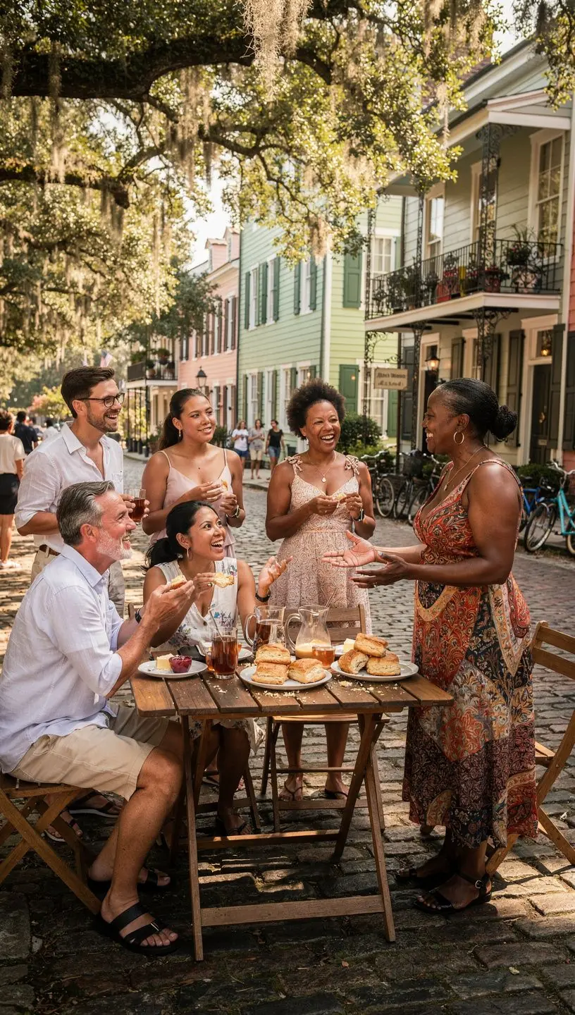Grupa turystów degustujących różnorodne potrawy na ulicznym festiwalu.